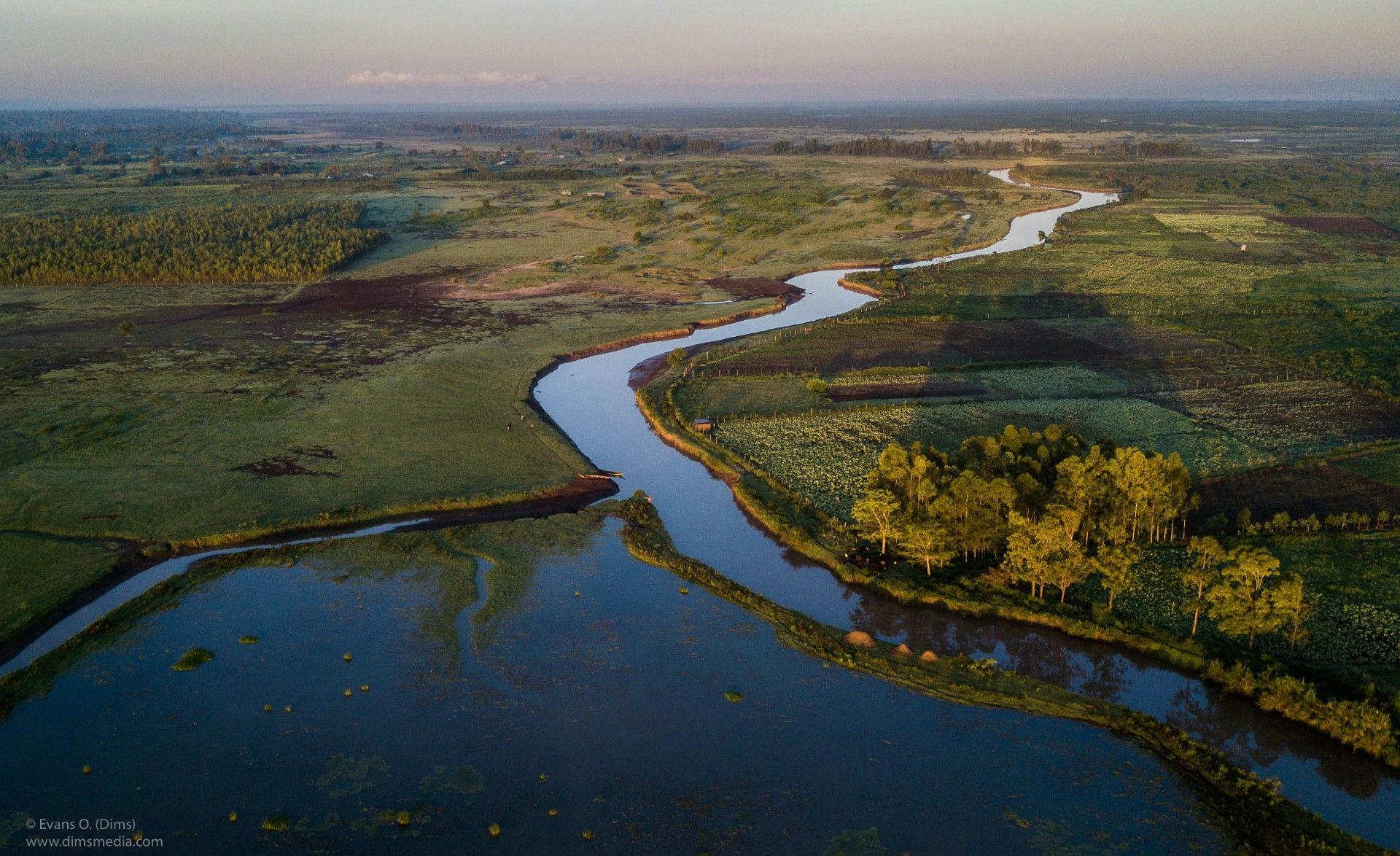 Aerial view of a meandering river and floodplain wetlands